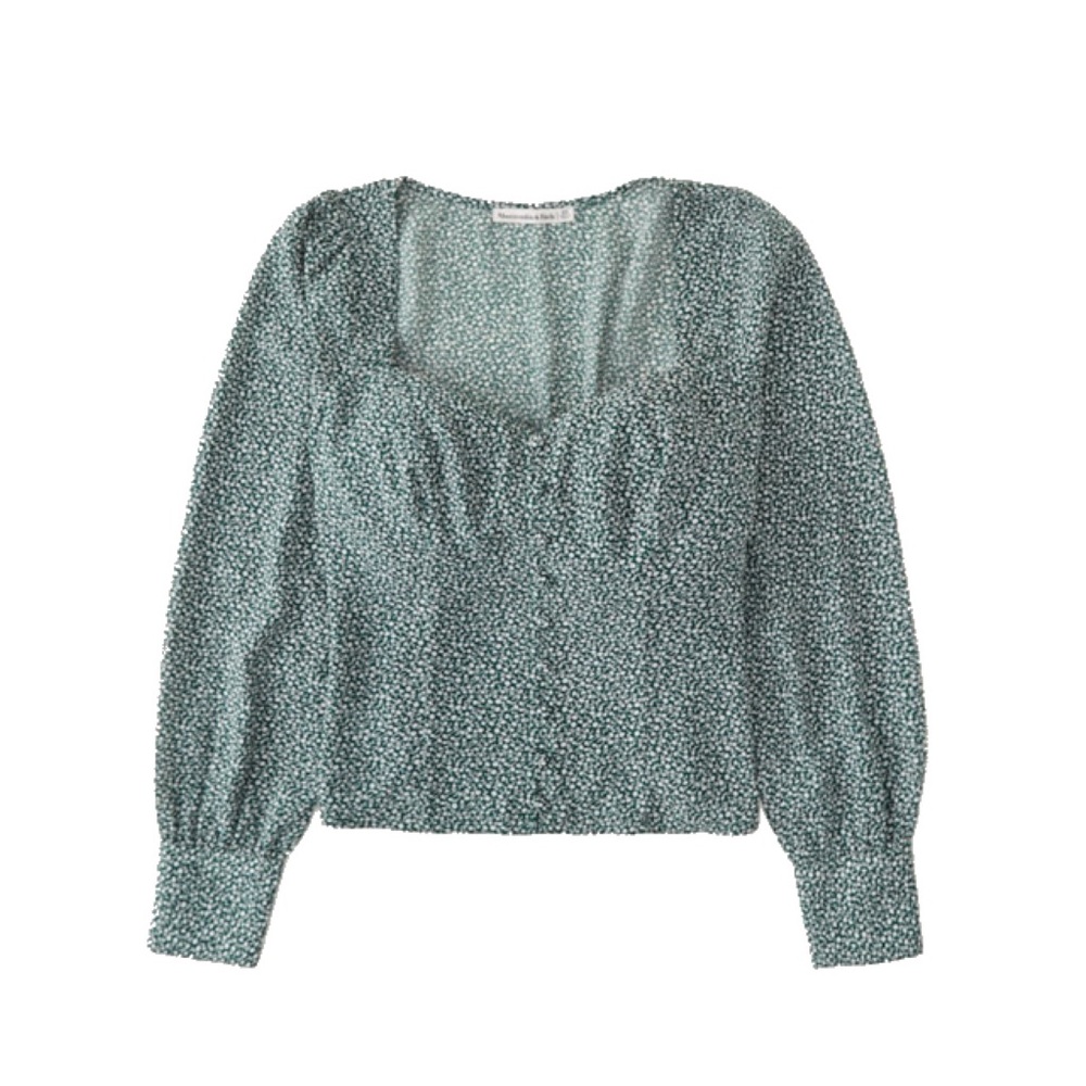 Abercrombie & Fitch Long-Sleeve Button-Through V-Neck Top in Dark Green Floral